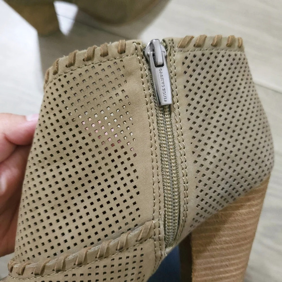 VINCE CAMUTO Lamorna Perforated Leather Pointy Bootie, Stacked Heel, Brown, 8.5 - Picture 8 of 11